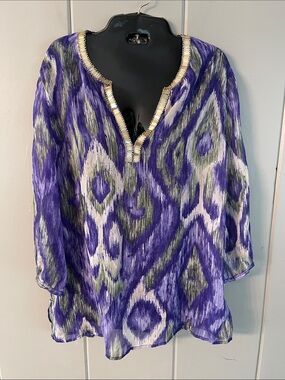 Chico's Blouse Purple Gold Beading Sheer Bohemian Artsy Romantic Festival Boho